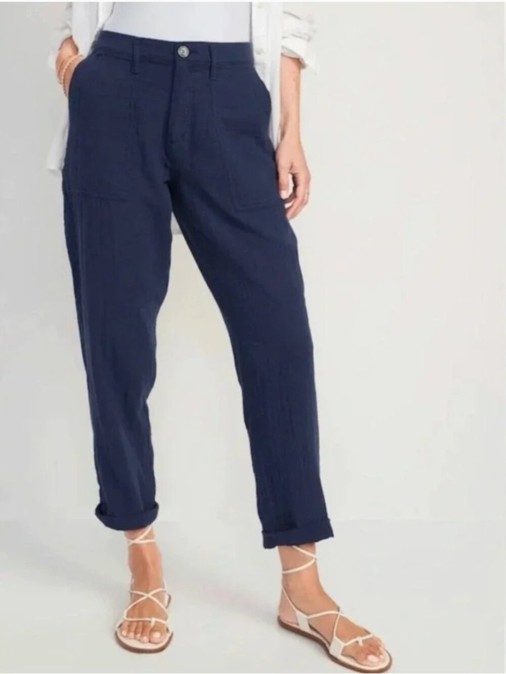 Old Navy Slouchy Taper Pants Navy Blue 100% Cotton Utility Cropped Size 16